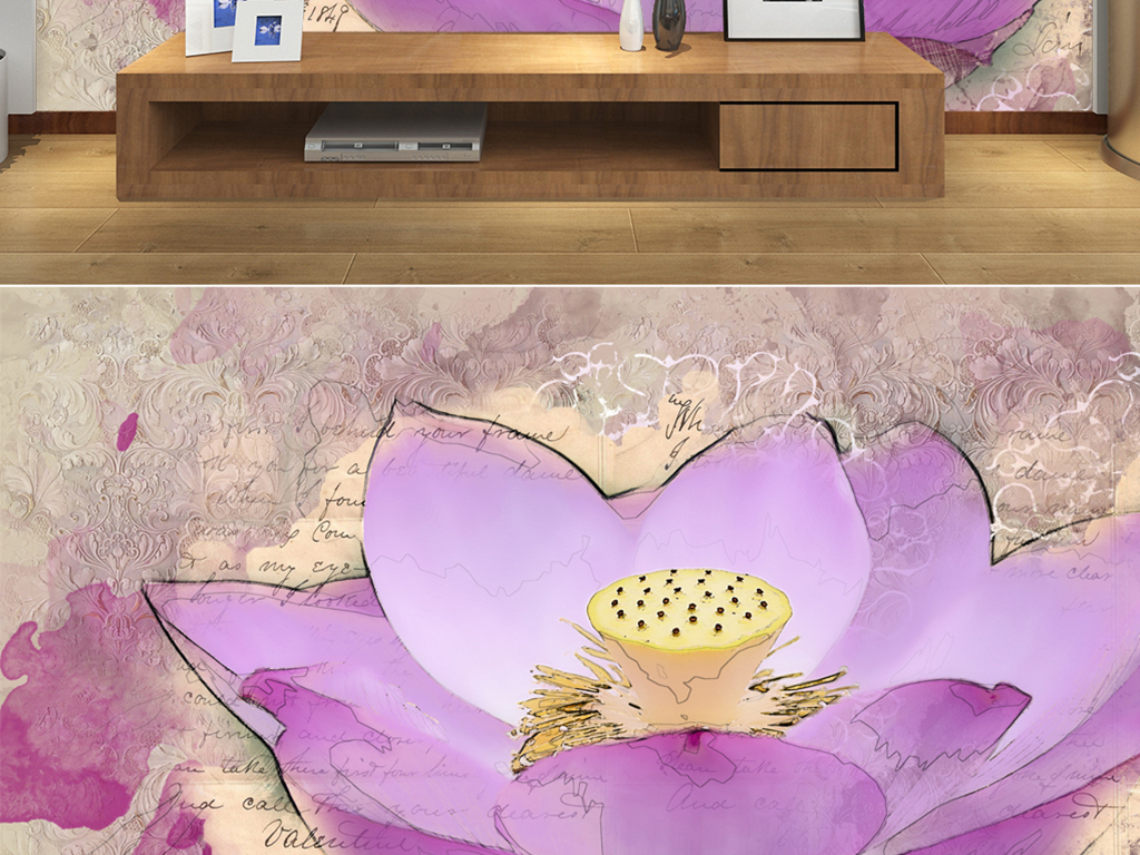 手绘水彩荷花荷叶英文背景墙