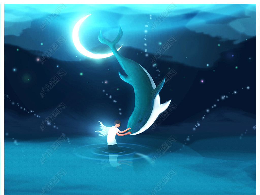 原创电商原创手绘素材鲸鱼少年男孩月光