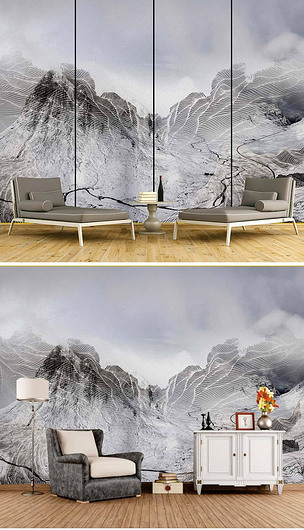 灰色墙壁新中式雪山线条曲线大型背景