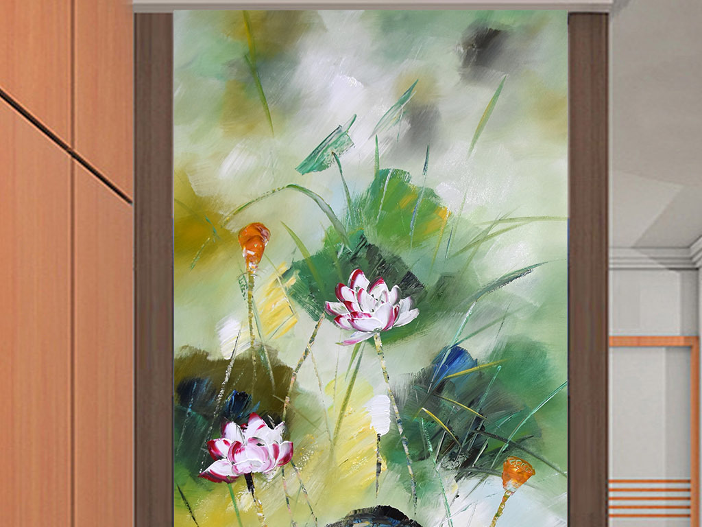 唯美手绘立体荷花荷叶油画玄关