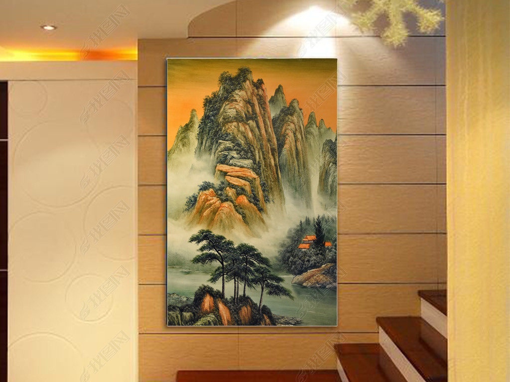 原创手绘高清立体泰山白云迎客松油画图