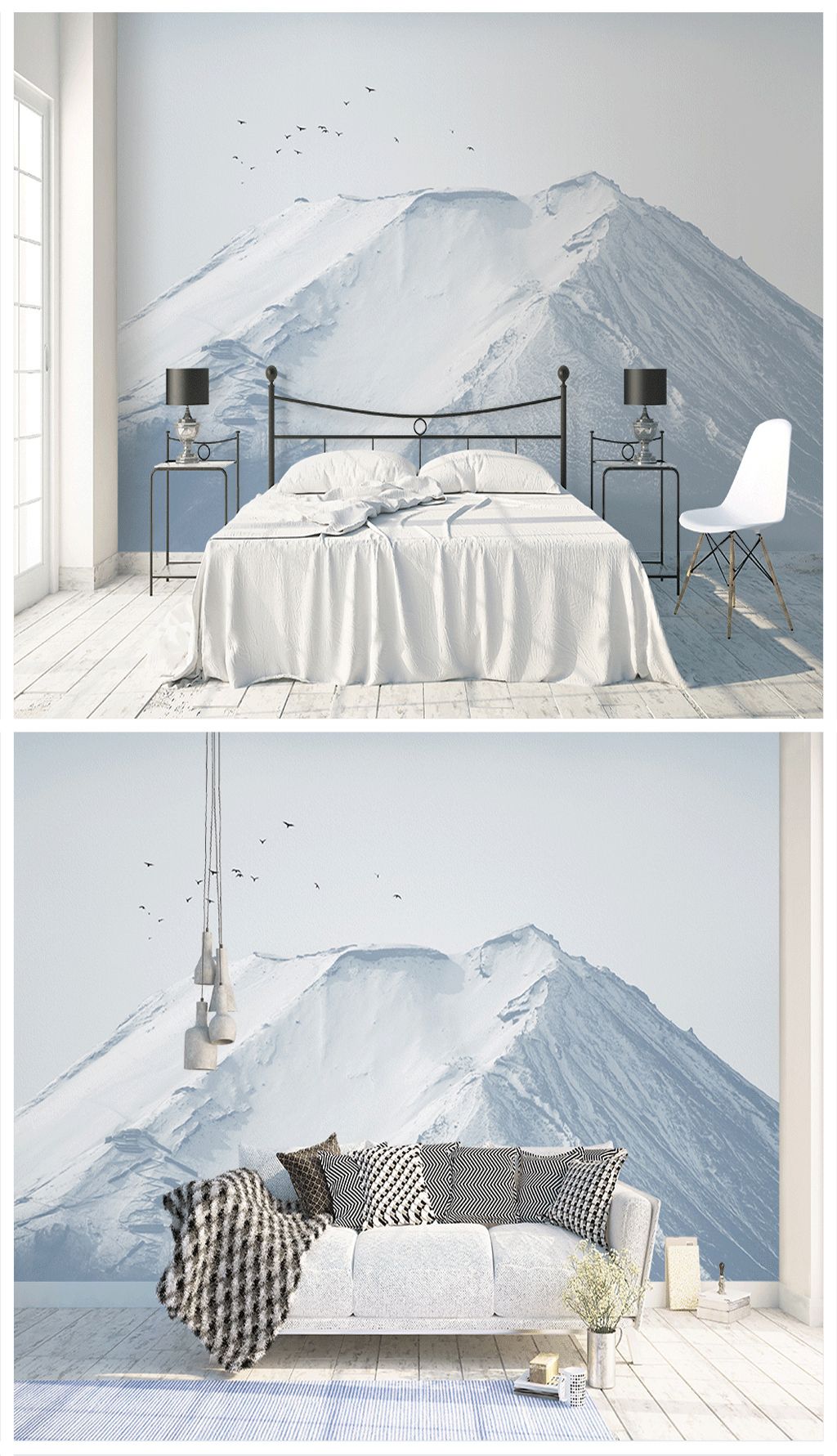 北欧手绘雪山飞鸟沙发电视背景墙