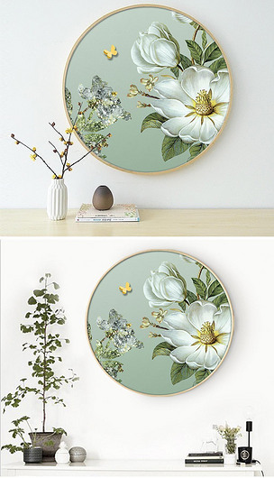 圆形新中式装饰画圆形装饰画工笔花鸟无框画