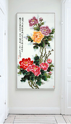 中式国画水墨富贵花开牡丹中式玄关门厅壁画