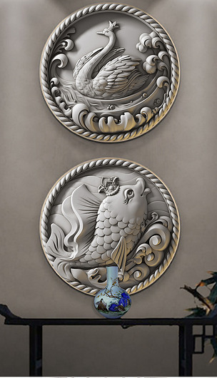 现代欧式立体浮雕动物圆框装饰画