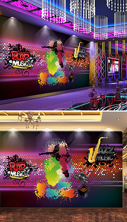 饭店彩绘背景墙|炫彩音乐乐器涂鸦彩绘夜店酒吧工装背景墙