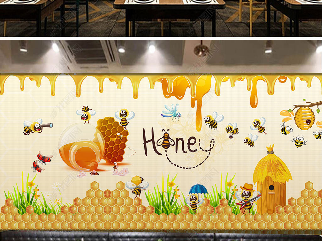 原创手绘卡通蜂蜜蜜蜂装饰画背景墙版权可商用