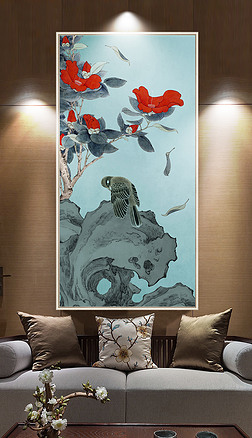 杜鹃花背景画玄关|杜鹃花新中式工笔花鸟玄关背景墙装饰画