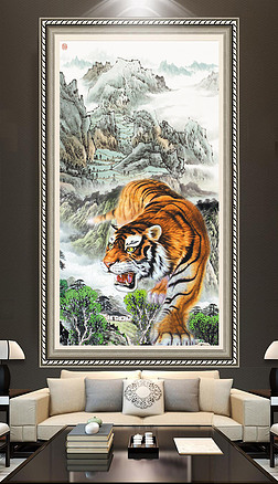 国画山水虎背景墙|国画下山虎虎啸图猛虎下山山水国画玄关
