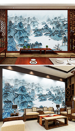 四扇屏山水画背景墙|巨幅工笔山水画新中式中国风背景墙
