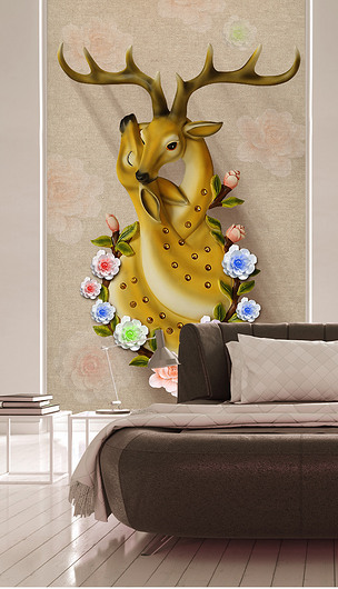 3d立体浮雕情侣鹿玫瑰花玄关装饰画