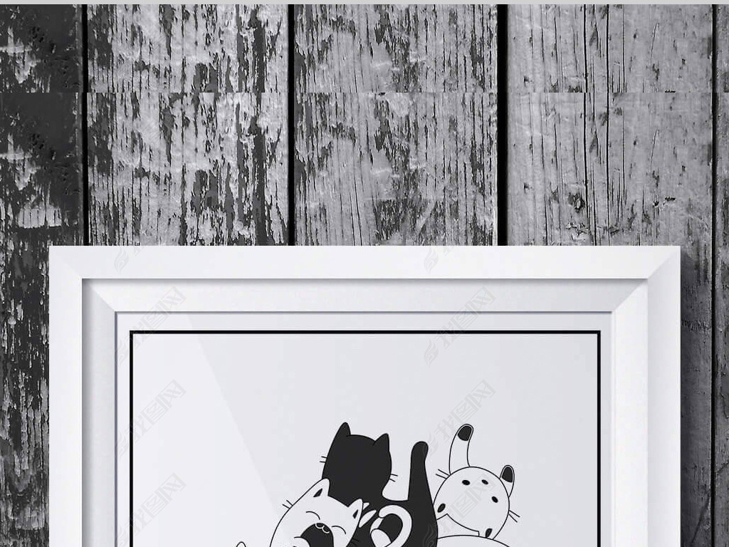 手绘黑白可爱猫咪装饰画