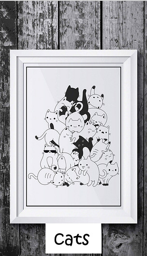 手绘黑白可爱猫咪装饰画