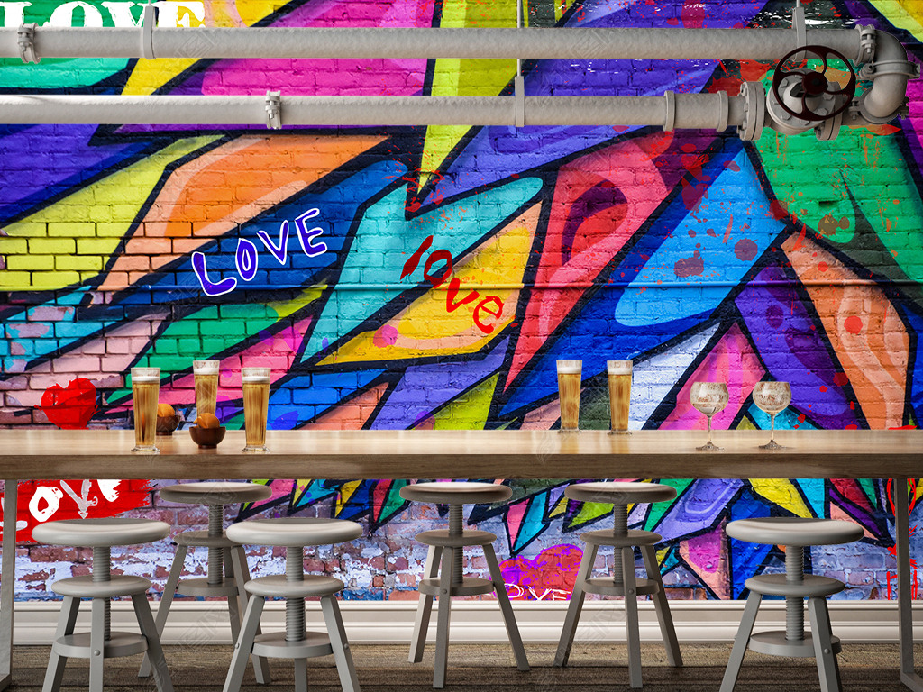 原创五彩涂鸦墙翅膀羽毛个性背景墙装饰壁画