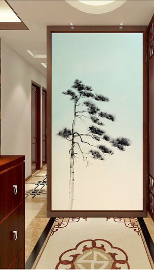 新中式手绘水墨树枝玄关背景墙装饰画