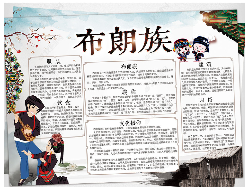 原创卡通五十六个民族布朗族手抄报版权可商用