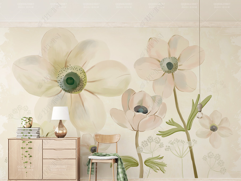 唯美田园手绘水彩花朵电视背景墙壁画