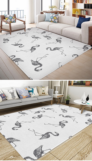 原创手绘素描矢量火烈鸟图案地毯