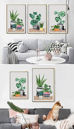 北欧小清新现代手绘水彩植物盆栽客厅装饰画