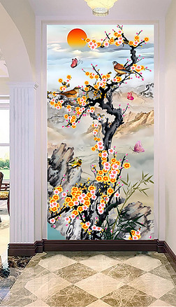 梅花喜鹊花开富贵玄关背景墙壁画