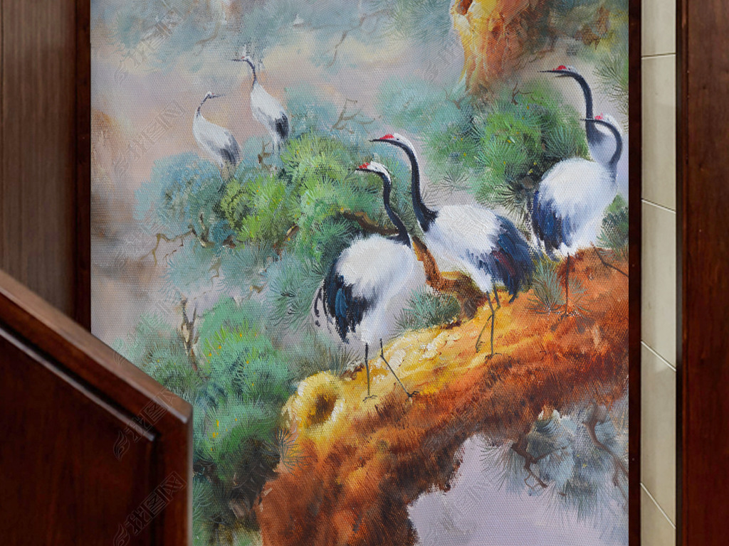 竖幅装饰油画玄关松鹤延年