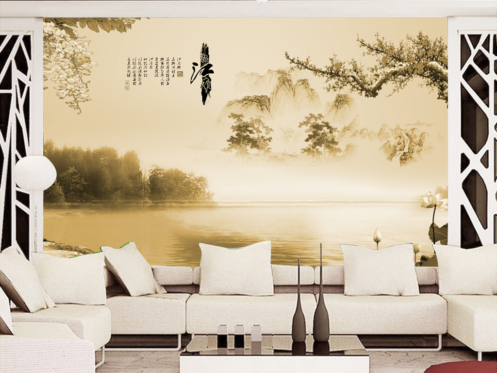 忆江南中国风古典山水画电视背景墙
