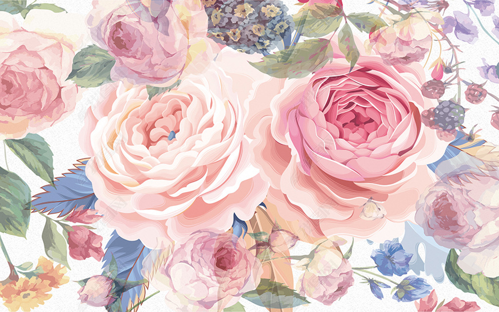 手绘复古玫瑰花电视背景墙