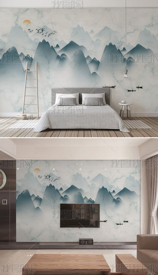 新中式水墨山水画瓷砖背景墙壁纸壁画