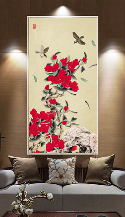 壁画背景墙杜鹃玄关|新中式手绘杜鹃工笔花鸟玄关背景墙装饰画