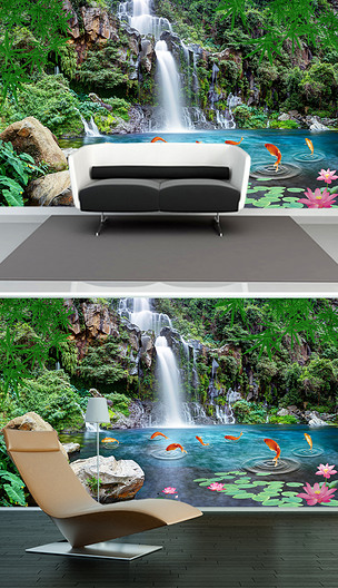 青山绿水跃水鱼儿电视背景墙装饰画