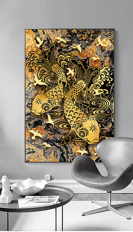 新中式金色家装鲤鱼锦鲤抽象水墨无框画挂画