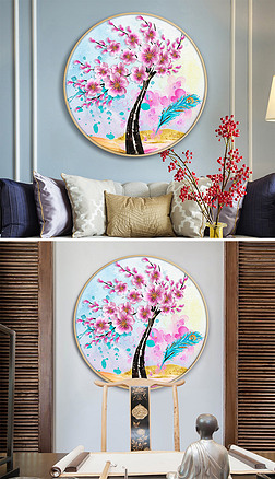 桃花十字绣装饰画|小清新手绘花鸟发财树十里桃花装饰画挂画