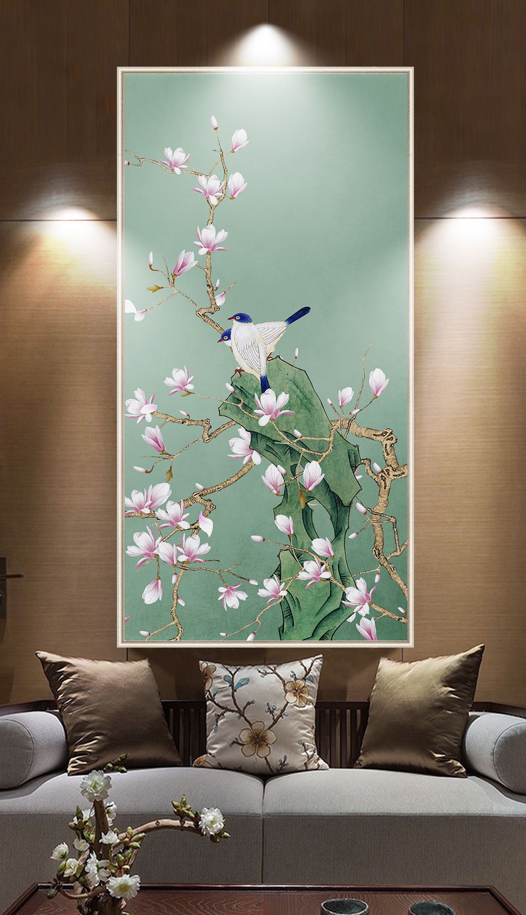 新中式手绘玉兰工笔花鸟玄关背景墙装饰画