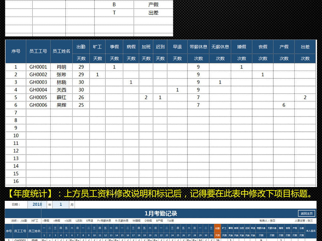 企业人事表格员工全年考勤记录管理系统
