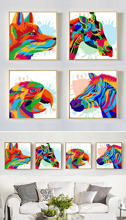 狼图腾动物装饰画|创意时尚简约动物手绘泼墨四联装饰画