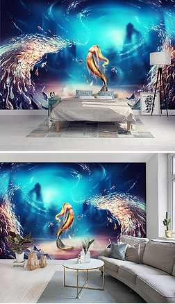 现代手绘梦幻海底世界美人鱼鱼群壁画背景墙