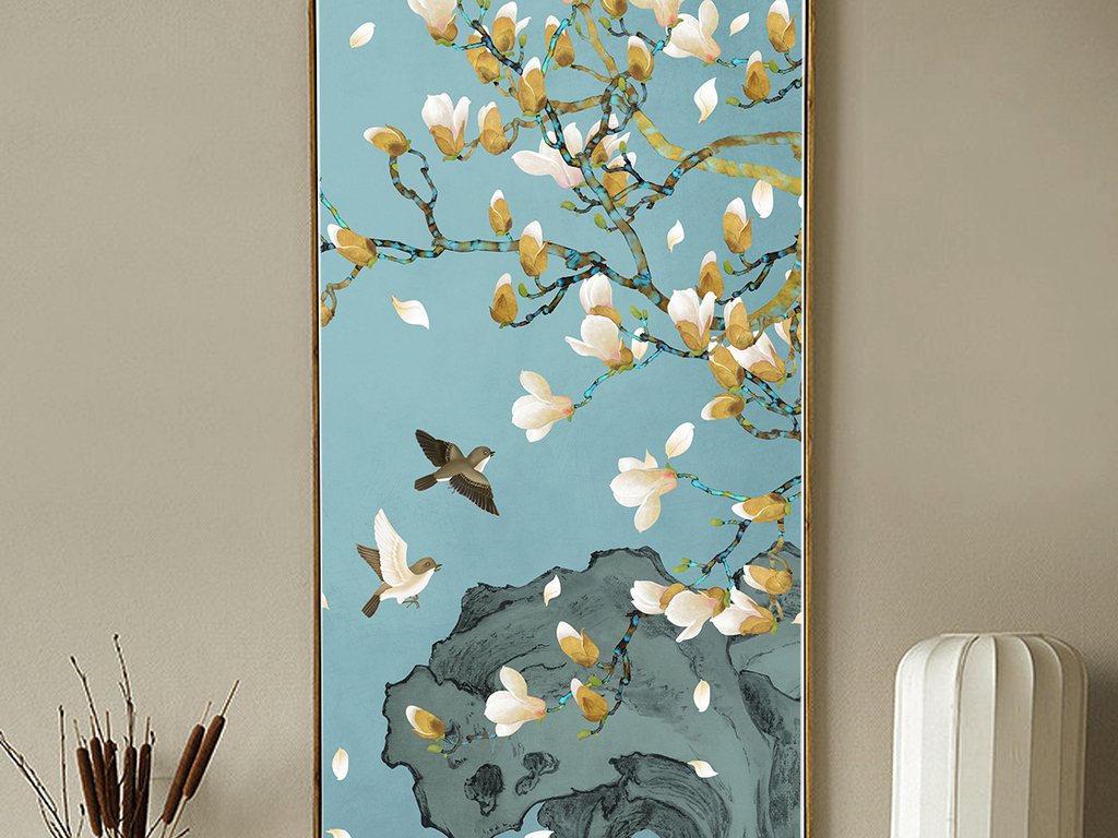 新中式手绘玉兰工笔花鸟玄关背景墙装饰画
