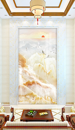 大理石纹玄关山水石材旭日东升玄关背景墙