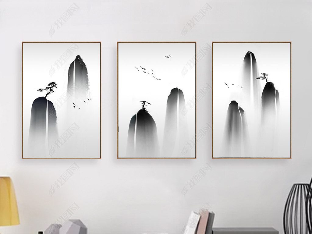 简约新中式意境水墨山水三联无框画装饰画