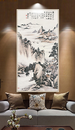 新中式国画写意水墨山水画迎客松玄关无框画