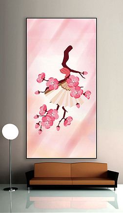 桃花扇子现代风格背景墙装饰画