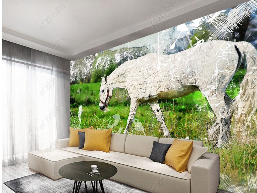 原创手绘地中海墨渍白马版权可商用