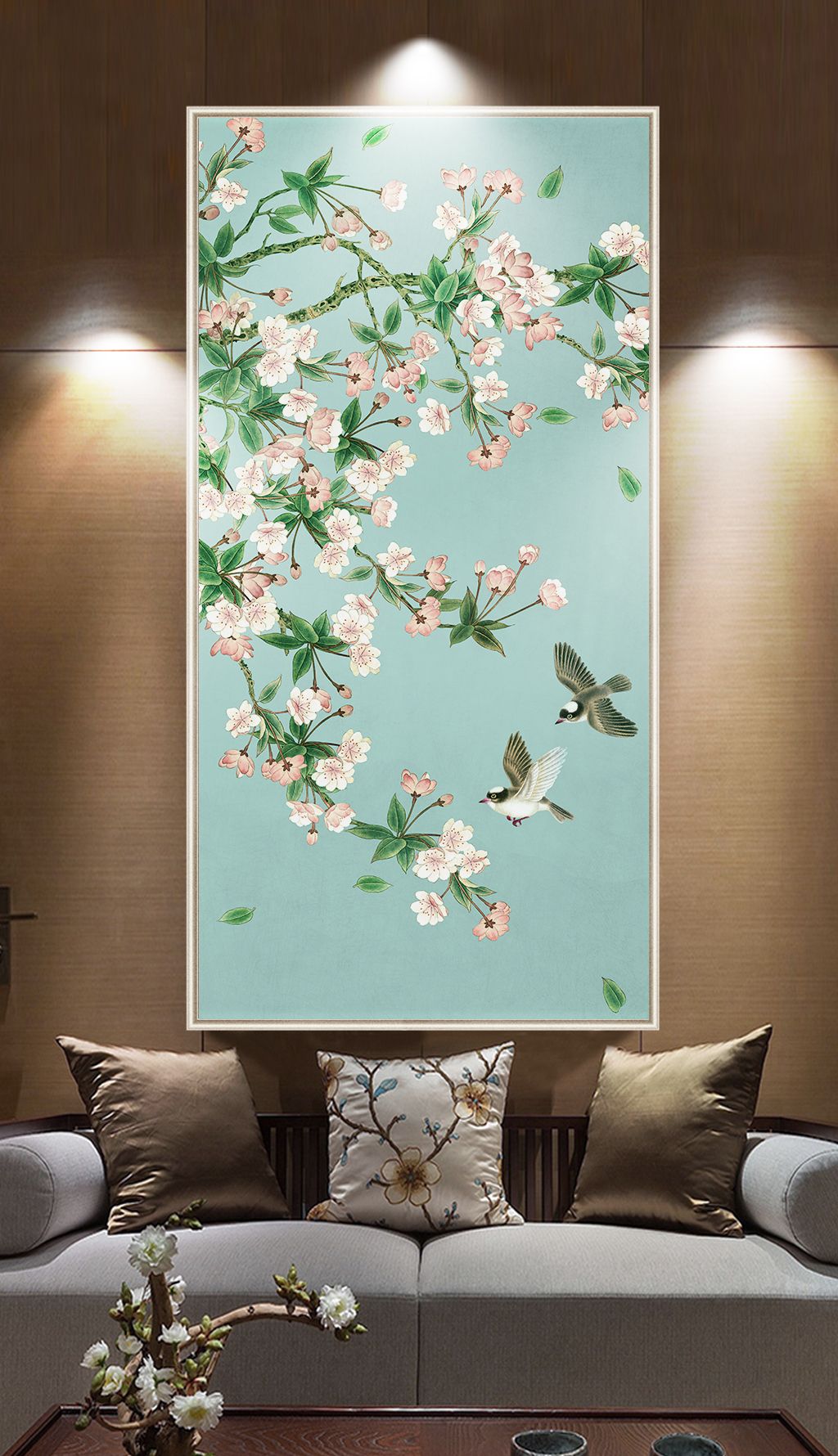 原创海棠花手绘工笔花鸟新中式玄关背景墙装饰画