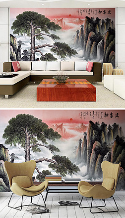 高清手绘迎客松风景油画电视背景墙