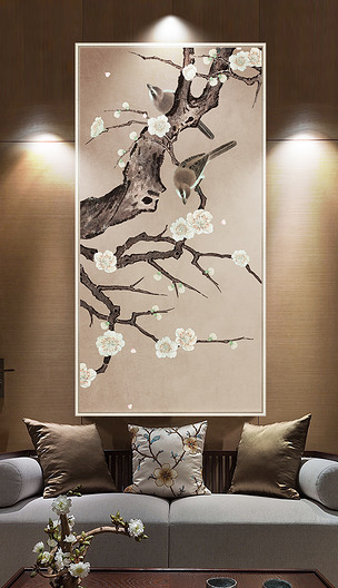 梨花手绘工笔花鸟新中式玄关背景墙装饰画