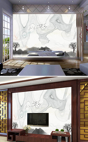 新中式水墨山水抽象烟雾意境壁画背景墙