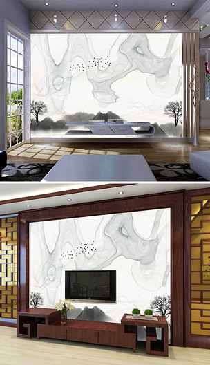 新中式水墨山水抽象烟雾意境壁画背景墙