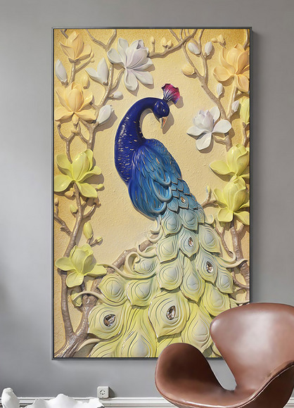 欧式奢华浮雕花卉孔雀客厅玄关装饰画