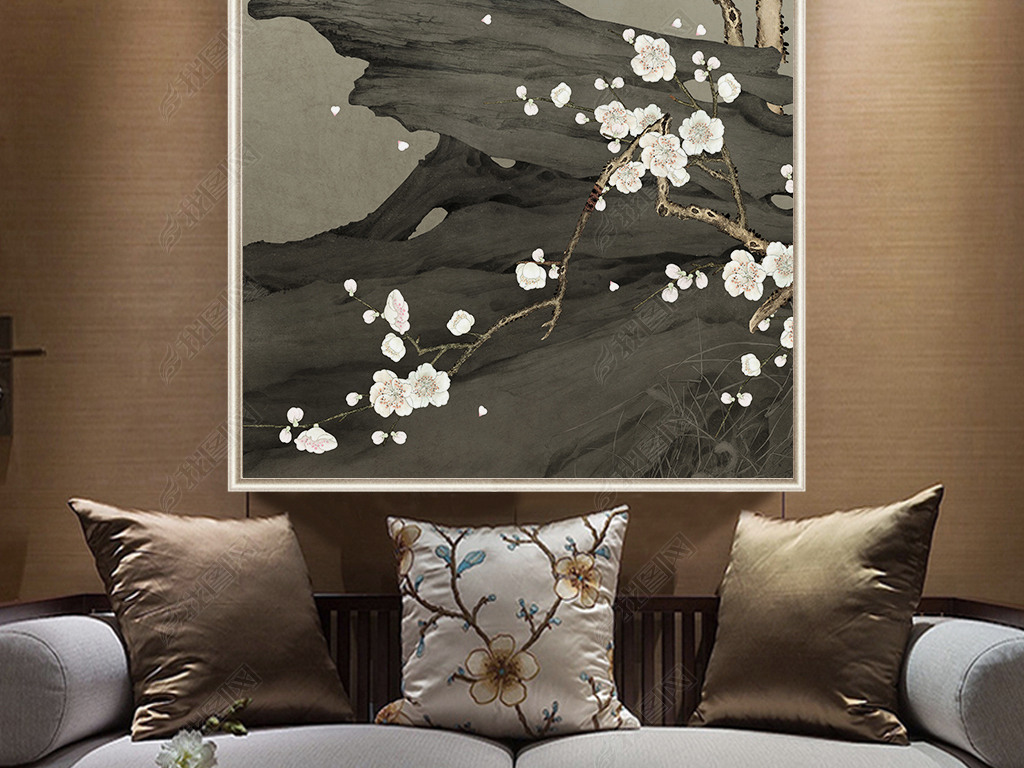 新中式手绘梨花工笔花鸟玄关背景墙装饰画