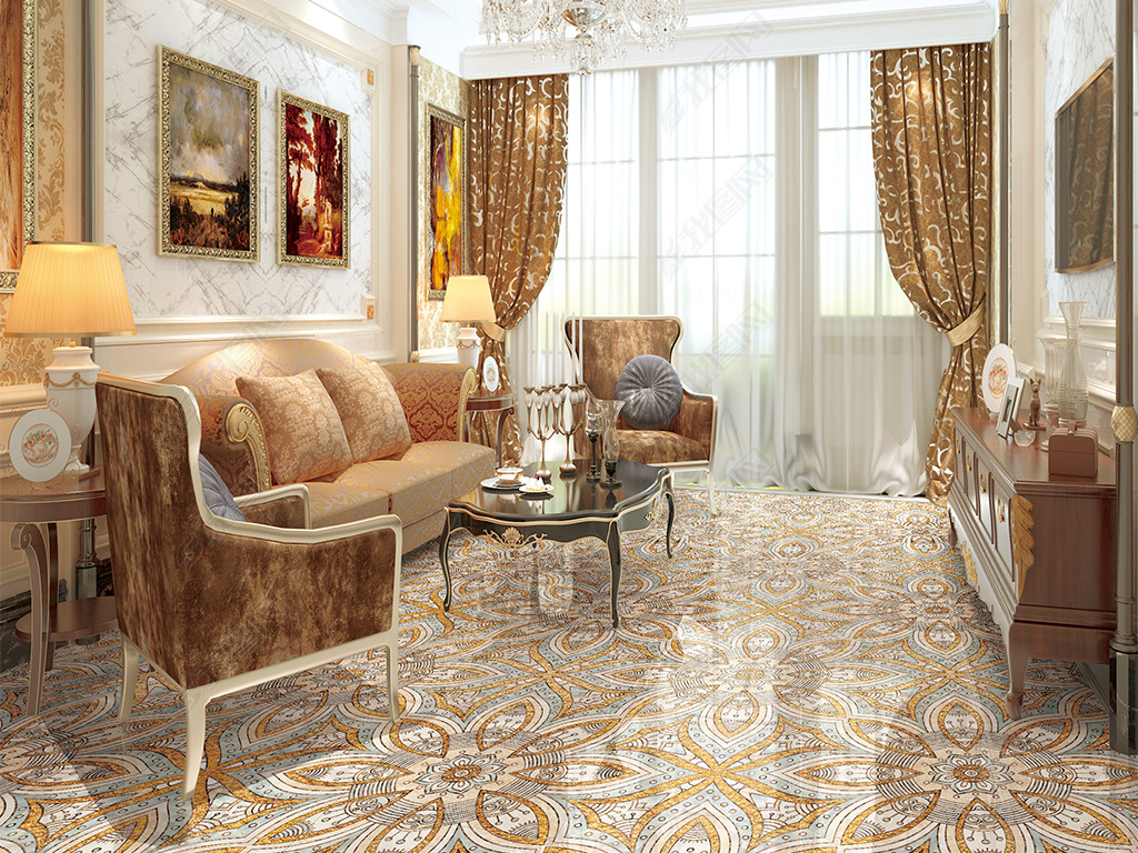 现代风格大理石纹瓷砖拼花客厅卧室地板地砖